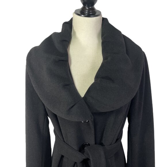 Calvin Klein Wool Blend Belted Tailored Black Coat Collared Knee Length Size 12 - Picture 4 of 16